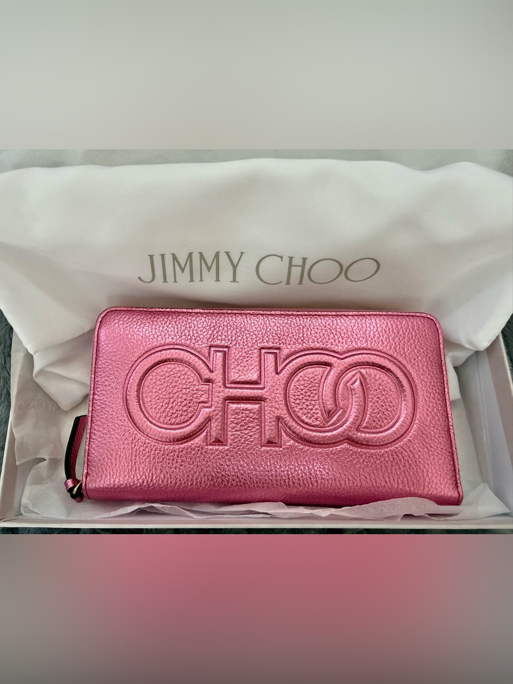 NWT Jimmy Choo Betinna Peony Metallic Leather Zip Wallet NIB w/Dust Bag & COA